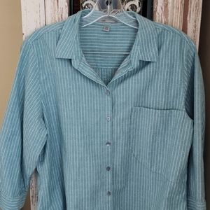 Horny Toad 100% Organic Cotton striped button up 3/4 roll tab sleeves size Large